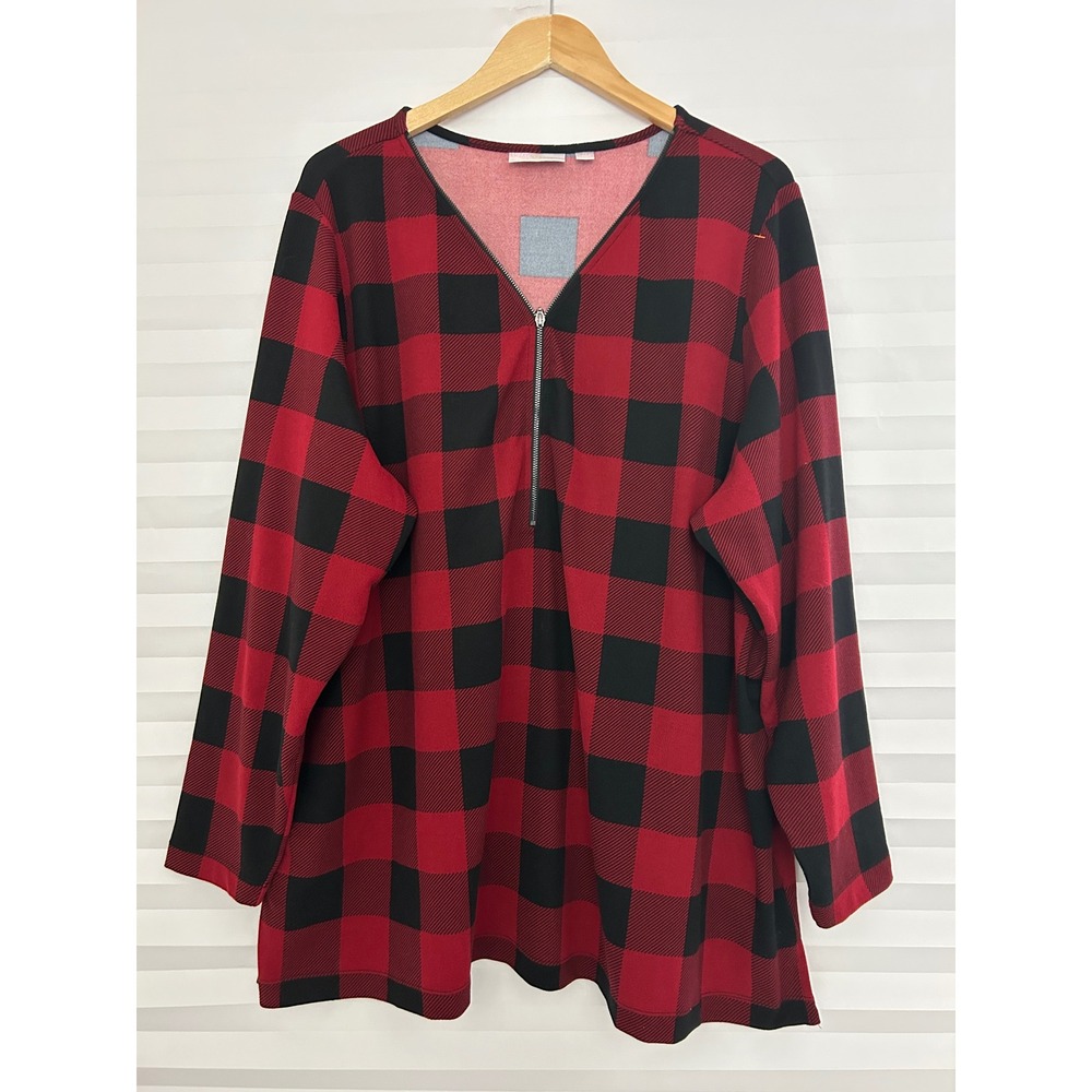 Belle by Kim Gravel Red Black Buffalo Plaid Half Zip Tunic Top 3X Cozy Festive